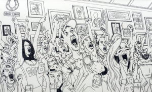 Black & White ink illustration of a crowd in a sports bar
