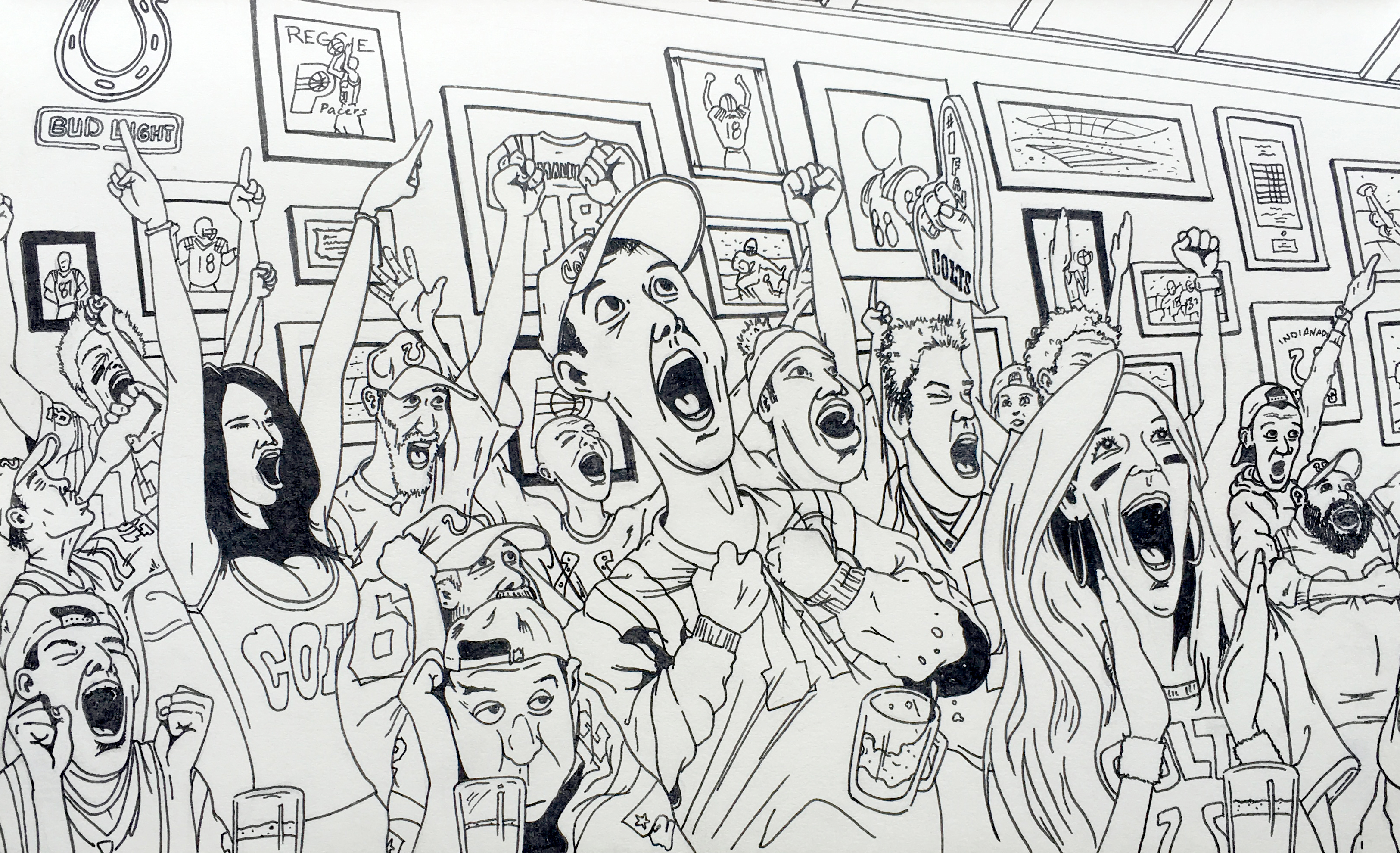 Black & White ink illustration of a crowd in a sports bar