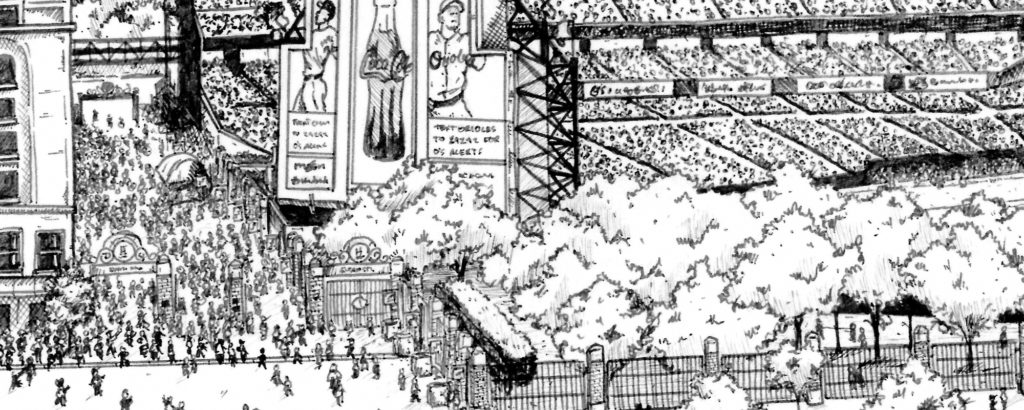 Detail image of black & white illustration of Camden Yards