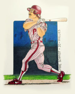 Color illustration of Michael Schmidt swinging