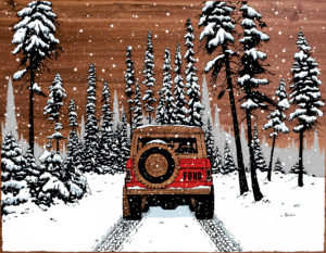 Digital illustration of Ford Bronco drives through a snowy forest