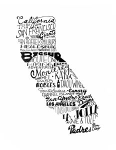 typographic map of california road trip down the PCH