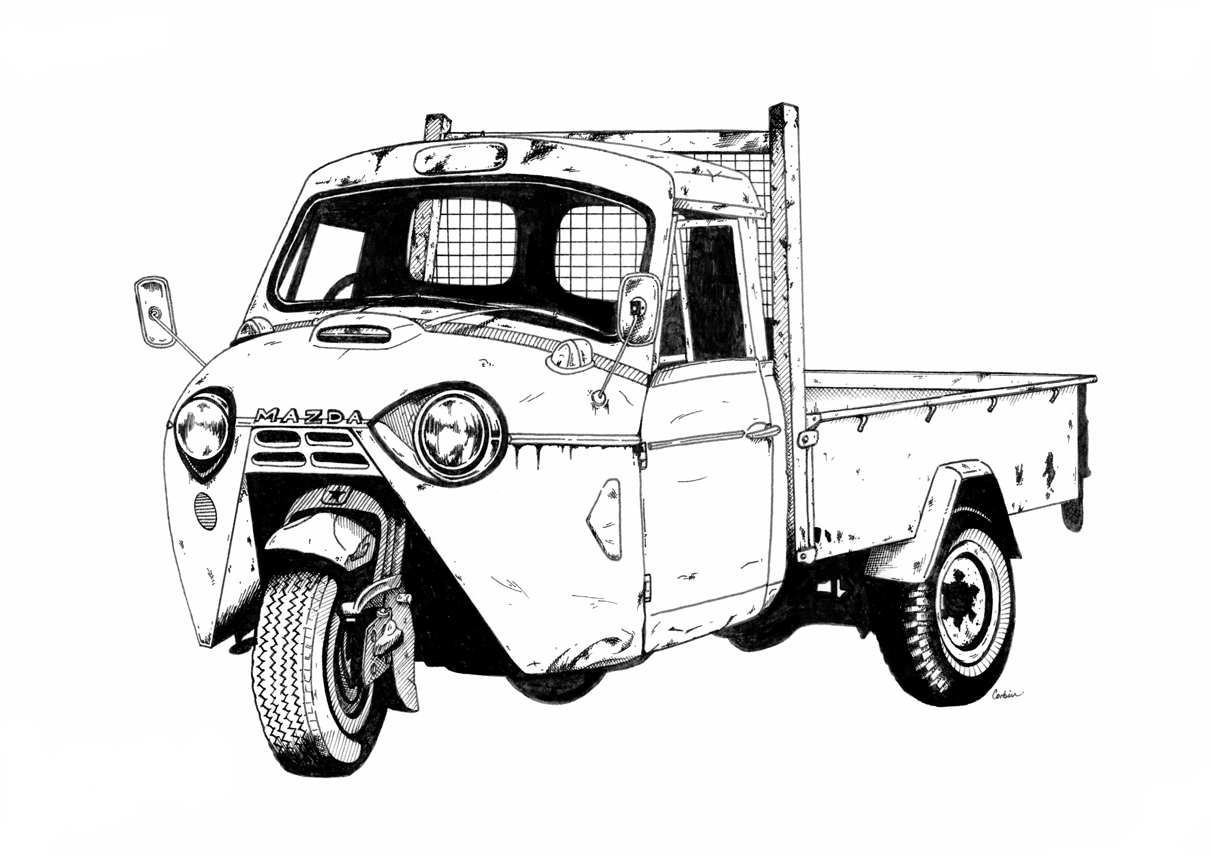 illustration of 3-wheel mazda truck