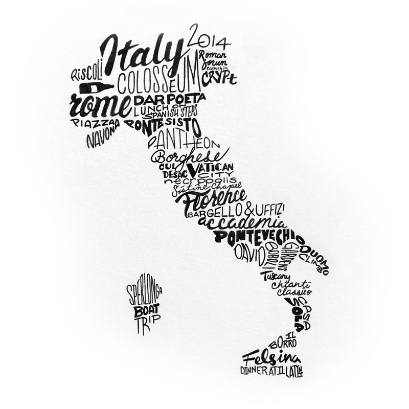 text travel collage from a recent trip to Italy