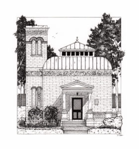 Black & white illustration of the Lew Wallace study in Crawfordsville, IN