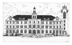 Black & white illustration of alumni hall at Saint Anselm College in Goffstown, New Hampshire
