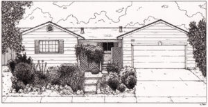 Ink illustration of a family home in Indianapolis, IN