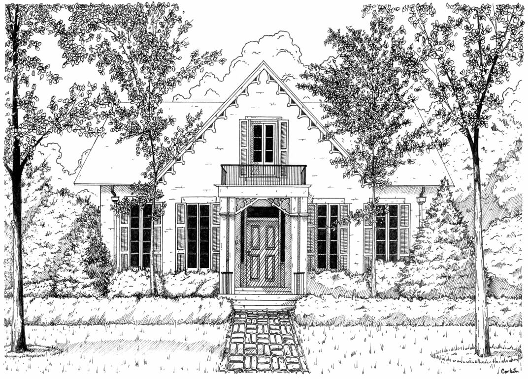 Ink illustration of a family home in Crawfordsville, IN