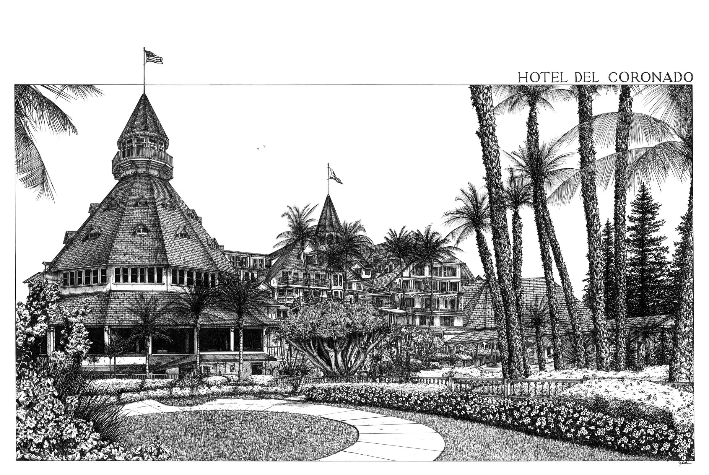 Black and White Ink Drawing of the Hotel del Coronado
