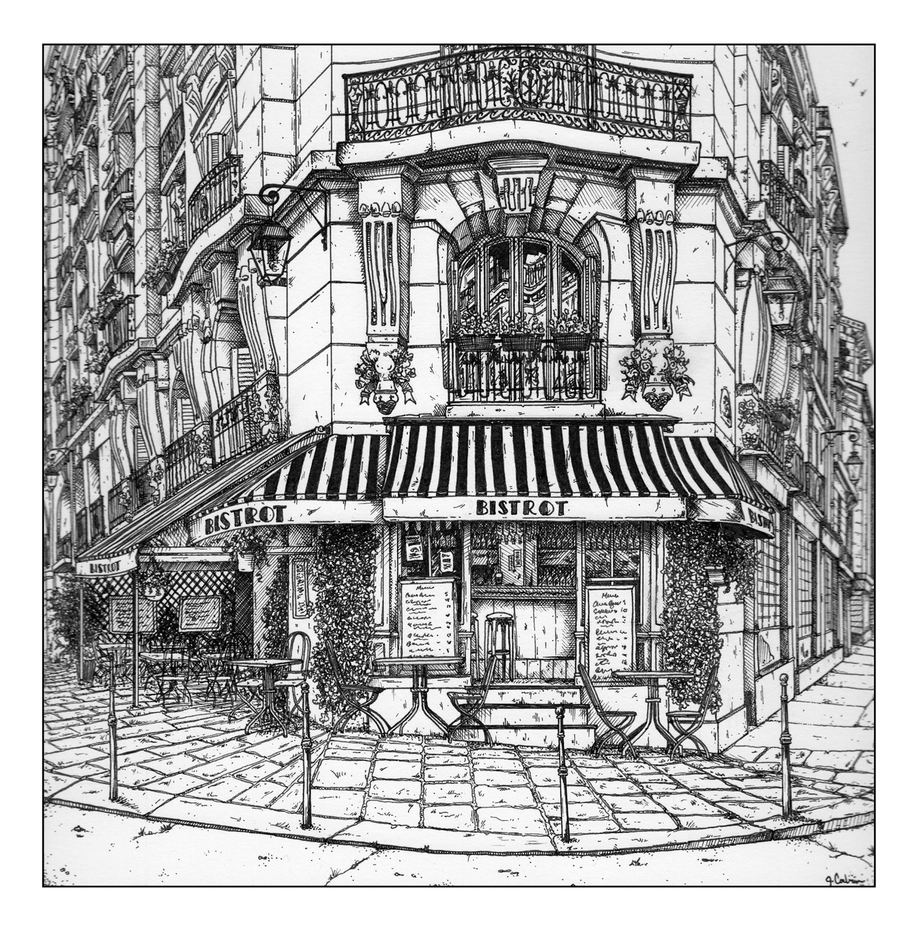 Black and white ink illustration of a French bistrot