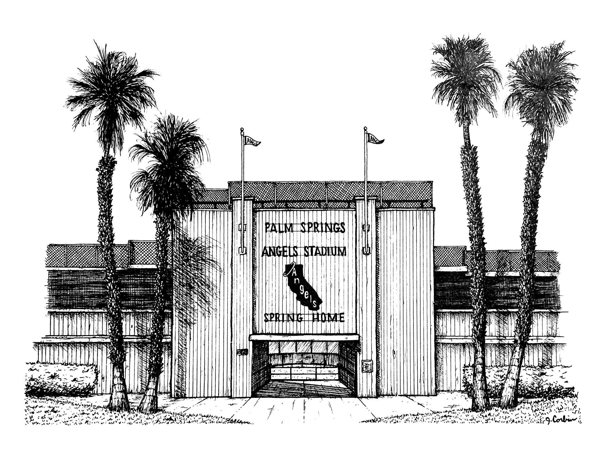 A black and white ink illustration of Angels Stadium in Palm Springs, California