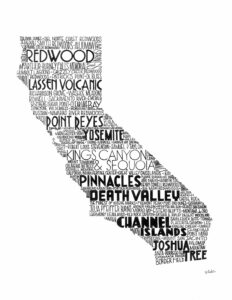 A black and white ink illustration word collage of California National and State Parks