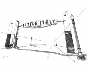 Black and White Illustration of famous Little Italy sign in San Diego, CA
