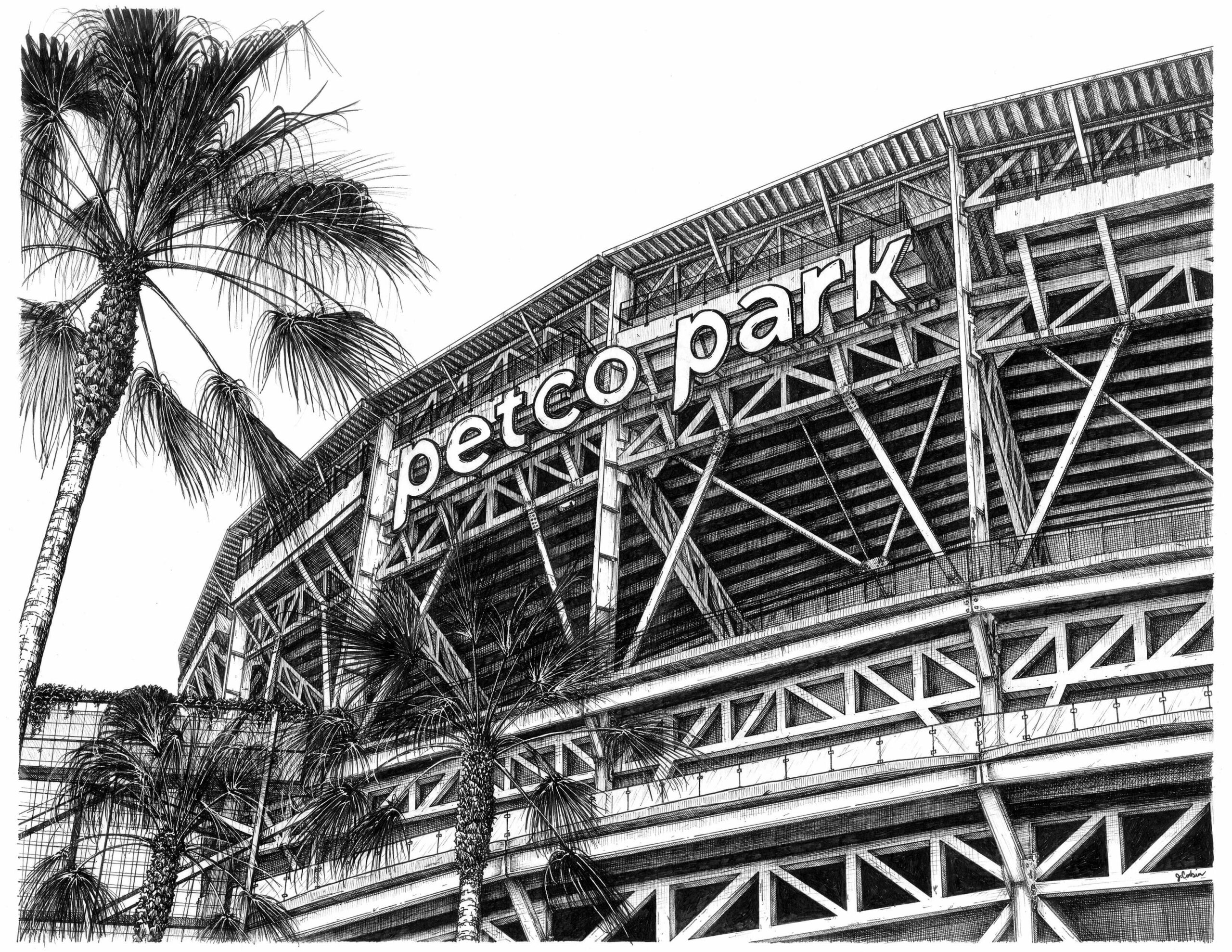 A black and white ink illustration of the Petco Park Exterior