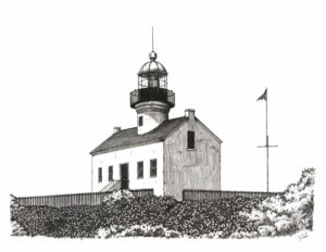 Detailed ink drawing of the Old Point Loma Lighthouse