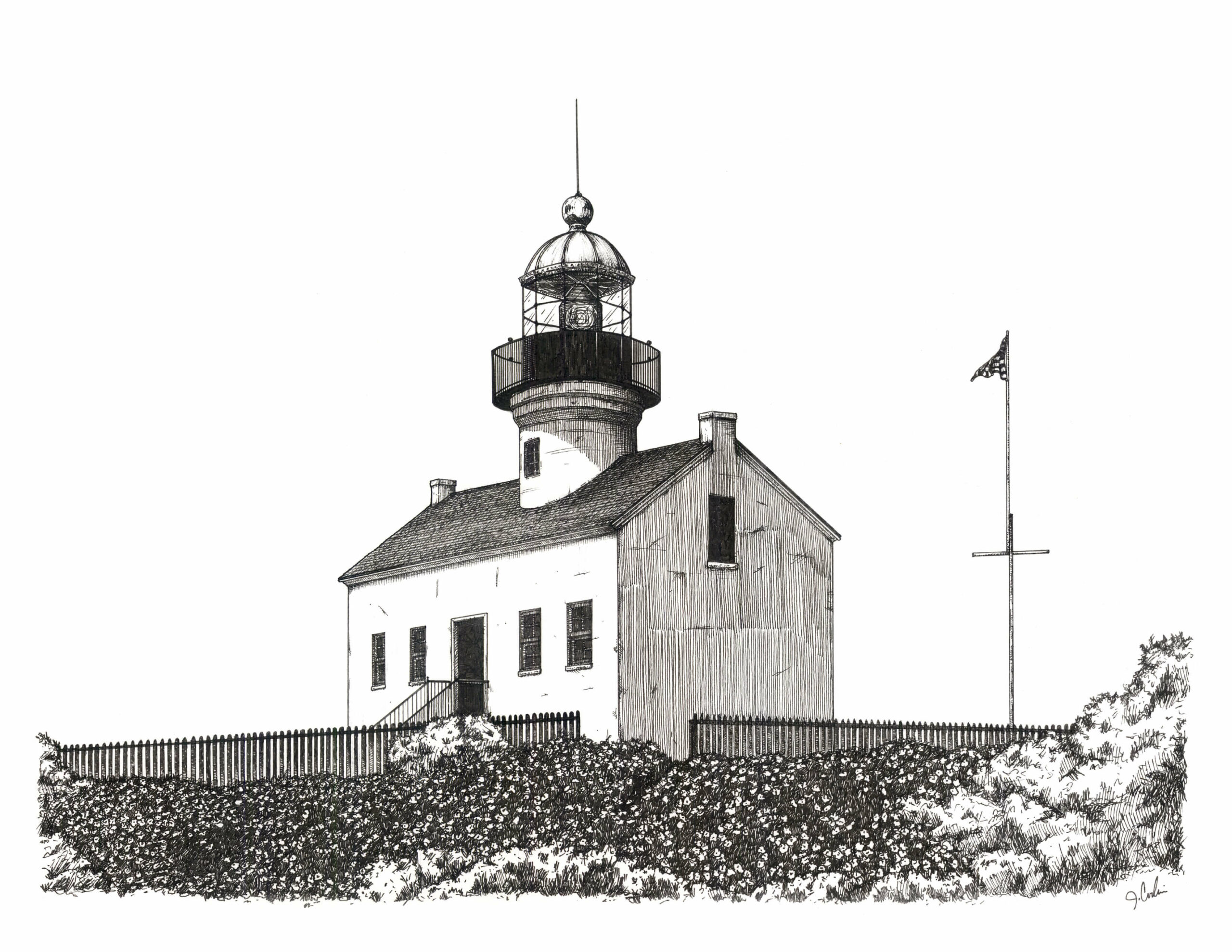 Detailed ink drawing of the Old Point Loma Lighthouse