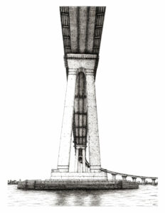 Detailed black ink drawing of the Coronado Bridge in San Diego, CA